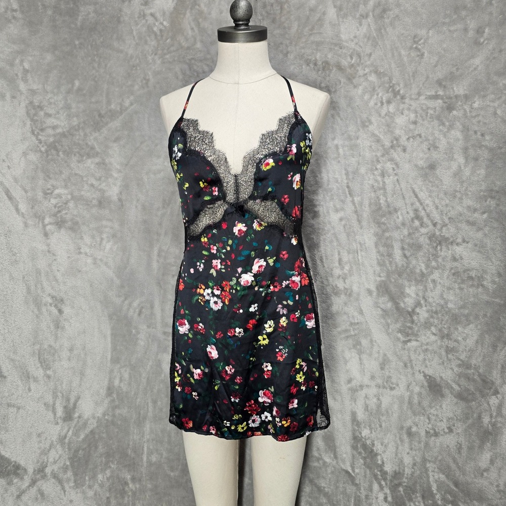 Victorias Secret Slip Dress Women L Black Floral Lace Open Back Strappy Coquette
